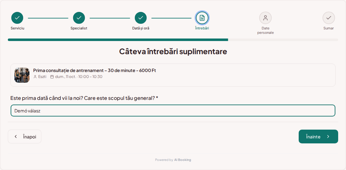 Sistem de programări pentru antrenori personali – Întrebare prealabilă la rezervarea antrenamentului: Este primul tău antrenament la noi și cu ce obiectiv general vii?