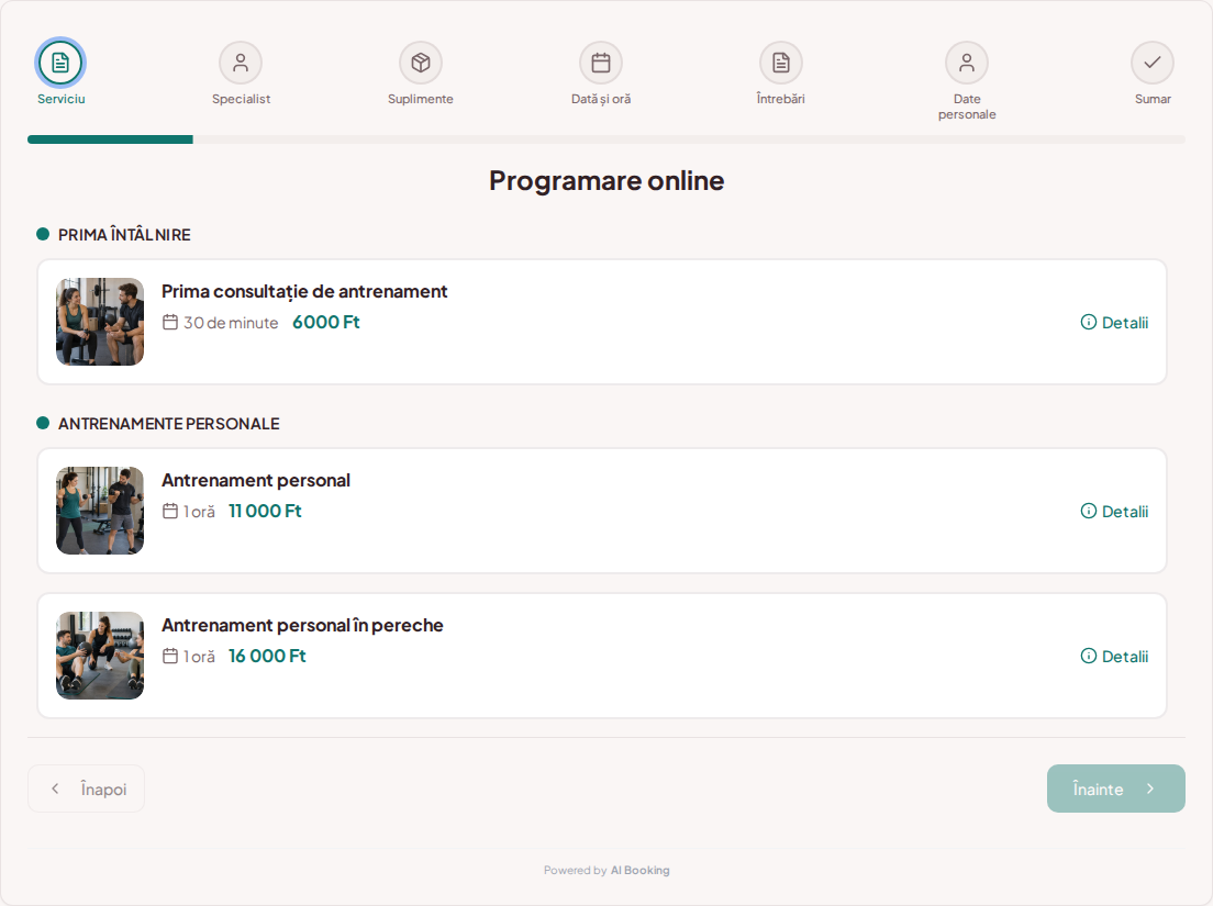 Sistem de programări pentru antrenori personali – Prima consultație de antrenament, Antrenament personal, Antrenament personal în pereche cu prețuri, durată și categorii