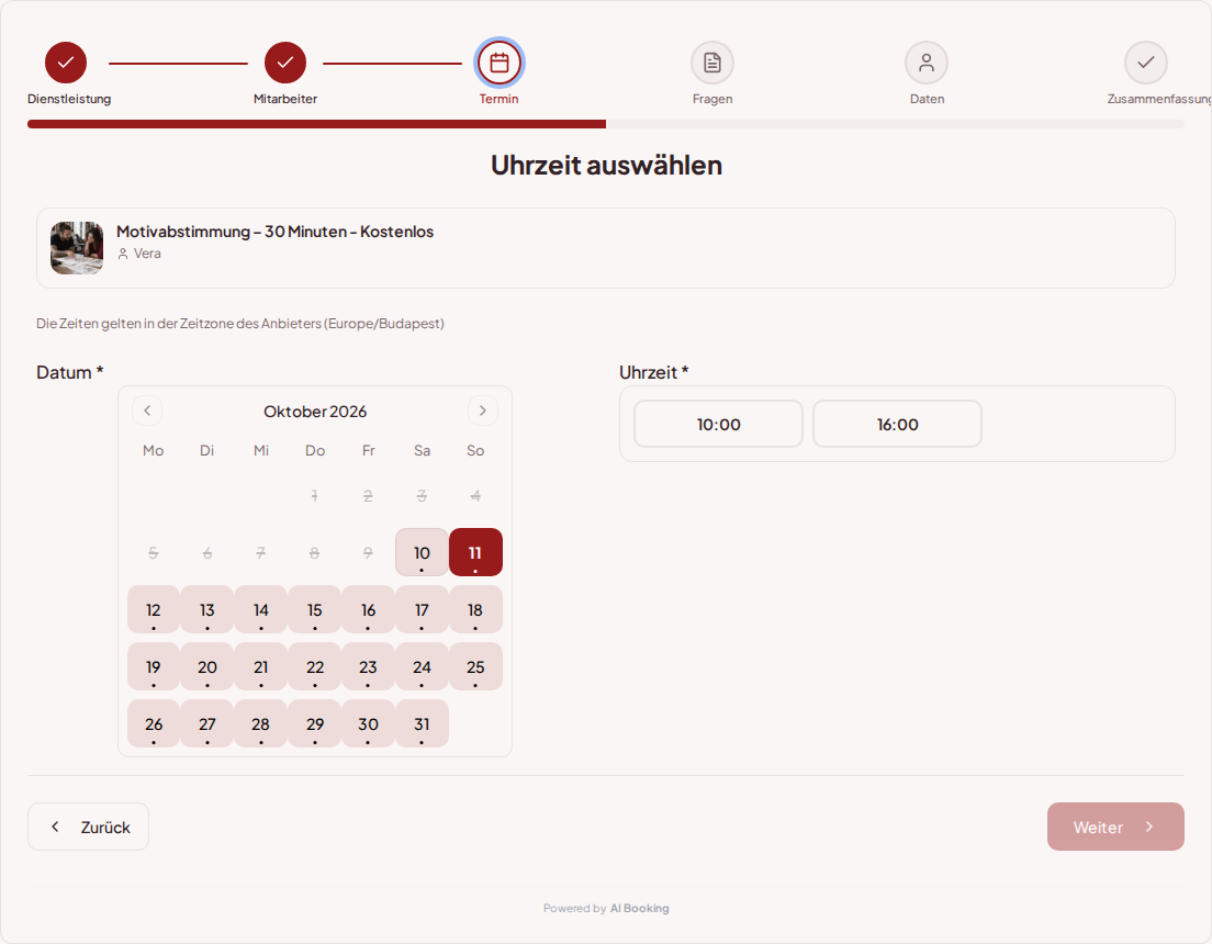 Terminbuchungssystem für Tätowierer – Terminbuchungskalender für Tätowierer mit freien Terminen für den gewählten Service Terminbuchungssystem für Tätowierer – Terminbuchungskalender für Tätowierer mit freien Terminen für den gewählten Service