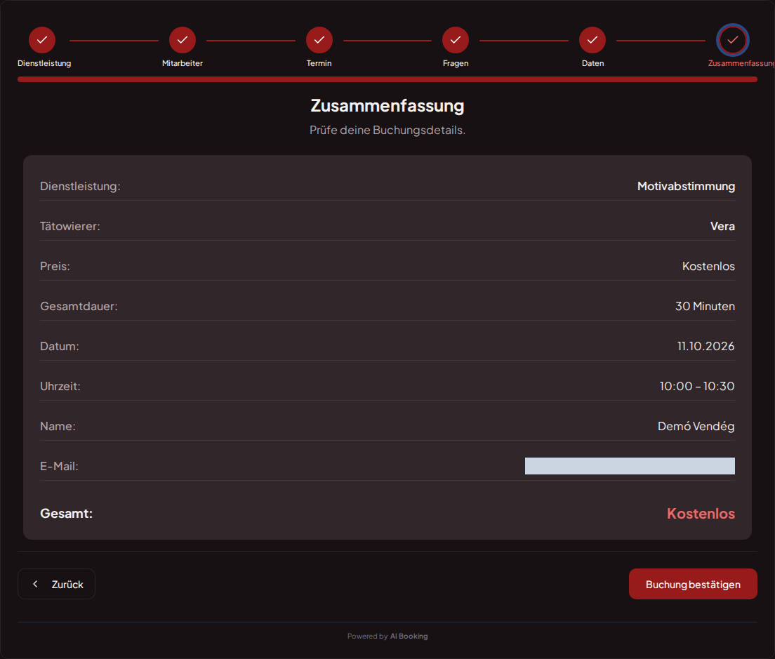Terminbuchungssystem für Tätowierer – Zusammenfassung der Tattoo-Session mit Service, Fachkraft, Termin und Preis Terminbuchungssystem für Tätowierer – Zusammenfassung der Tattoo-Session mit Service, Fachkraft, Termin und Preis