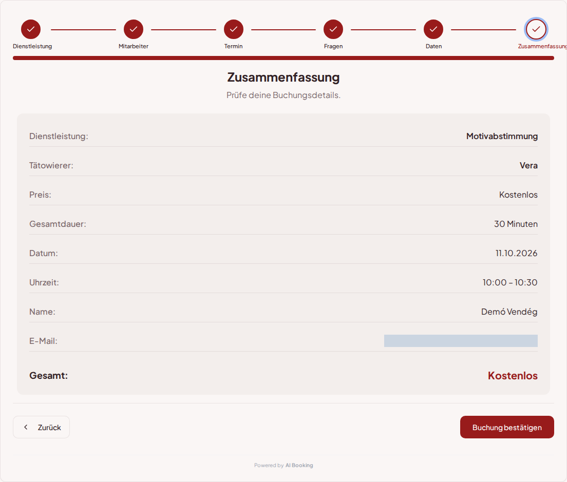 Terminbuchungssystem für Tätowierer – Zusammenfassung der Tattoo-Session mit Service, Fachkraft, Termin und Preis Terminbuchungssystem für Tätowierer – Zusammenfassung der Tattoo-Session mit Service, Fachkraft, Termin und Preis