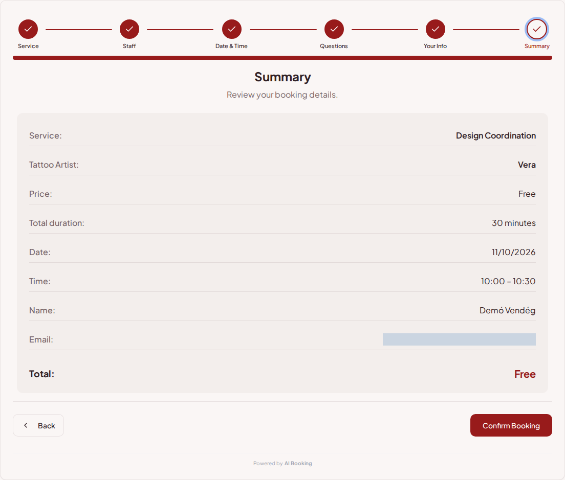 Appointment booking system for tattoo artists – Tattoo session booking summary with service, professional, date, and fee Appointment booking system for tattoo artists – Tattoo session booking summary with service, professional, date, and fee