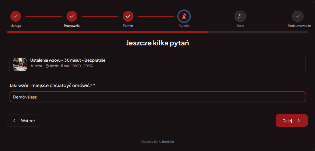 System rezerwacji dla tatuażystów – Pytanie wstępne przy rezerwacji tatuażu: Jaki wzór i miejsce chciałbyś omówić? System rezerwacji dla tatuażystów – Pytanie wstępne przy rezerwacji tatuażu: Jaki wzór i miejsce chciałbyś omówić?