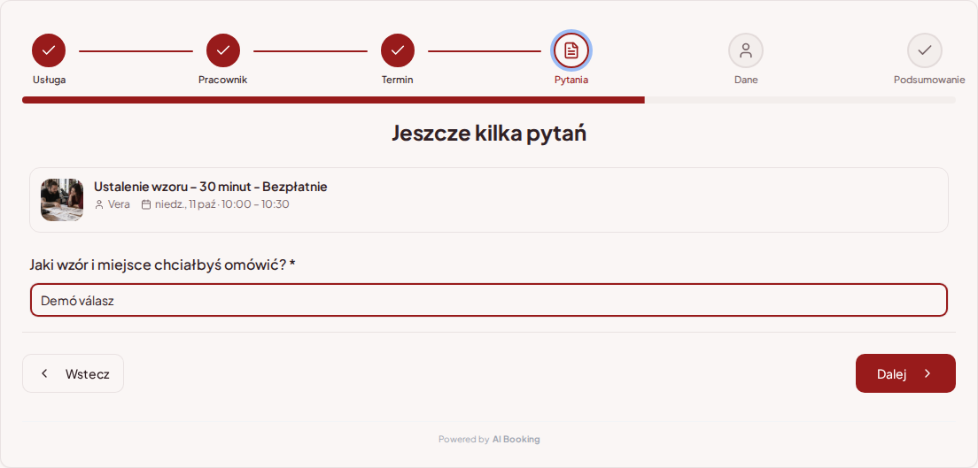 System rezerwacji dla tatuażystów – Pytanie wstępne przy rezerwacji tatuażu: Jaki wzór i miejsce chciałbyś omówić? System rezerwacji dla tatuażystów – Pytanie wstępne przy rezerwacji tatuażu: Jaki wzór i miejsce chciałbyś omówić?