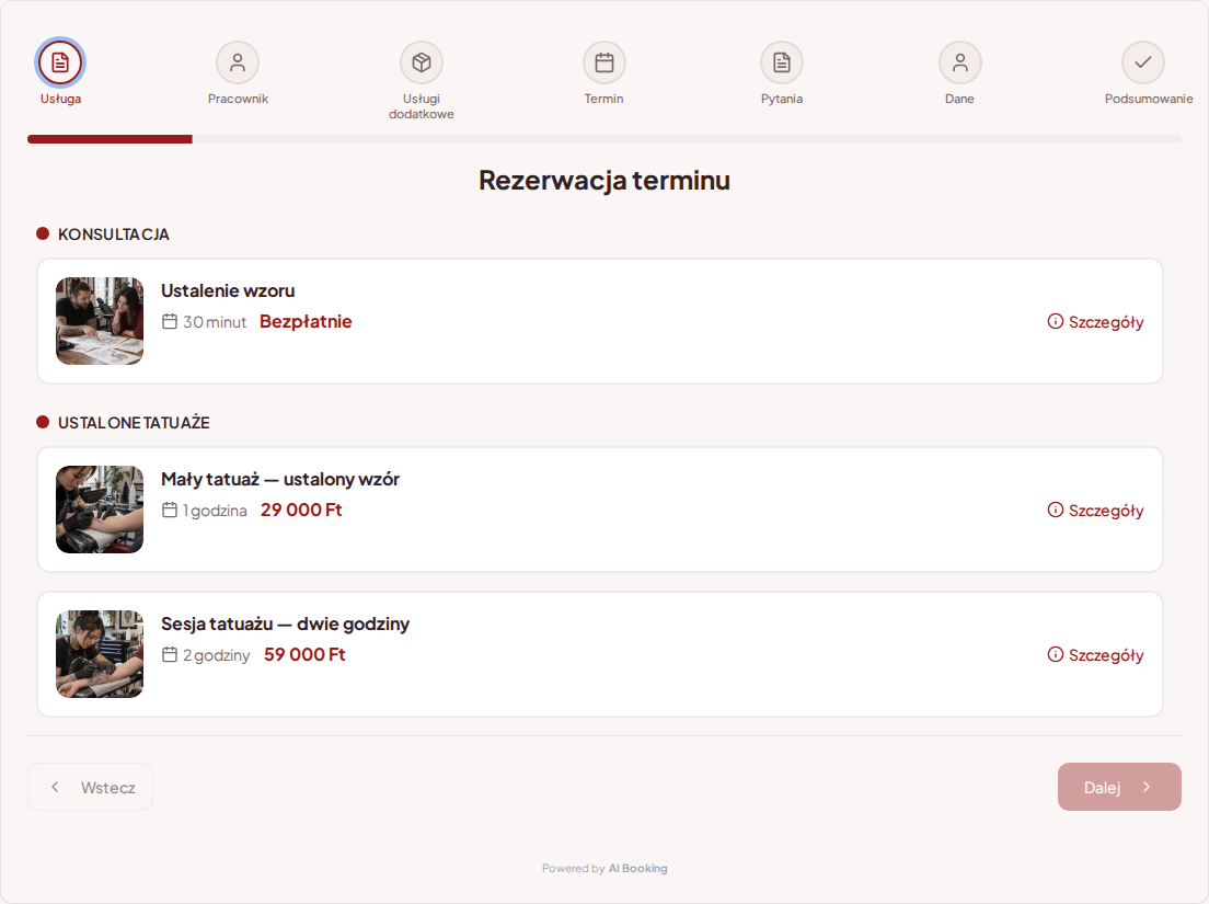 System rezerwacji dla tatuażystów – Ustalenie wzoru, Mały tatuaż — ustalony wzór, Sesja tatuażu — dwie godziny z cenami, czasem trwania i kategoriami System rezerwacji dla tatuażystów – Ustalenie wzoru, Mały tatuaż — ustalony wzór, Sesja tatuażu — dwie godziny z cenami, czasem trwania i kategoriami