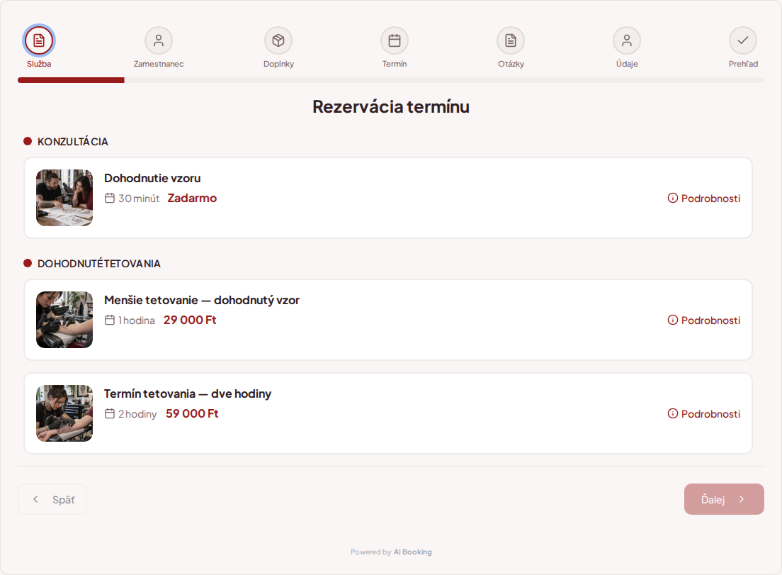Systém na rezervácie pre tetovátorov – Dohodnutie vzoru, Menšie tetovanie — dohodnutý vzor, Termín tetovania — dve hodiny s cenami, dĺžkou a kategóriami Systém na rezervácie pre tetovátorov – Dohodnutie vzoru, Menšie tetovanie — dohodnutý vzor, Termín tetovania — dve hodiny s cenami, dĺžkou a kategóriami