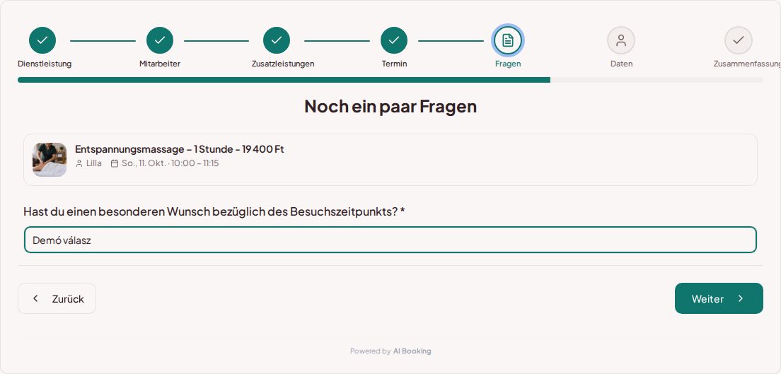 Terminbuchungssystem für Wellness- und Spa-Dienstleistungen – Vorab-Buchungsfrage für Wellnessbehandlung: Hast du einen besonderen Wunsch bezüglich des Besuchszeitpunkts?