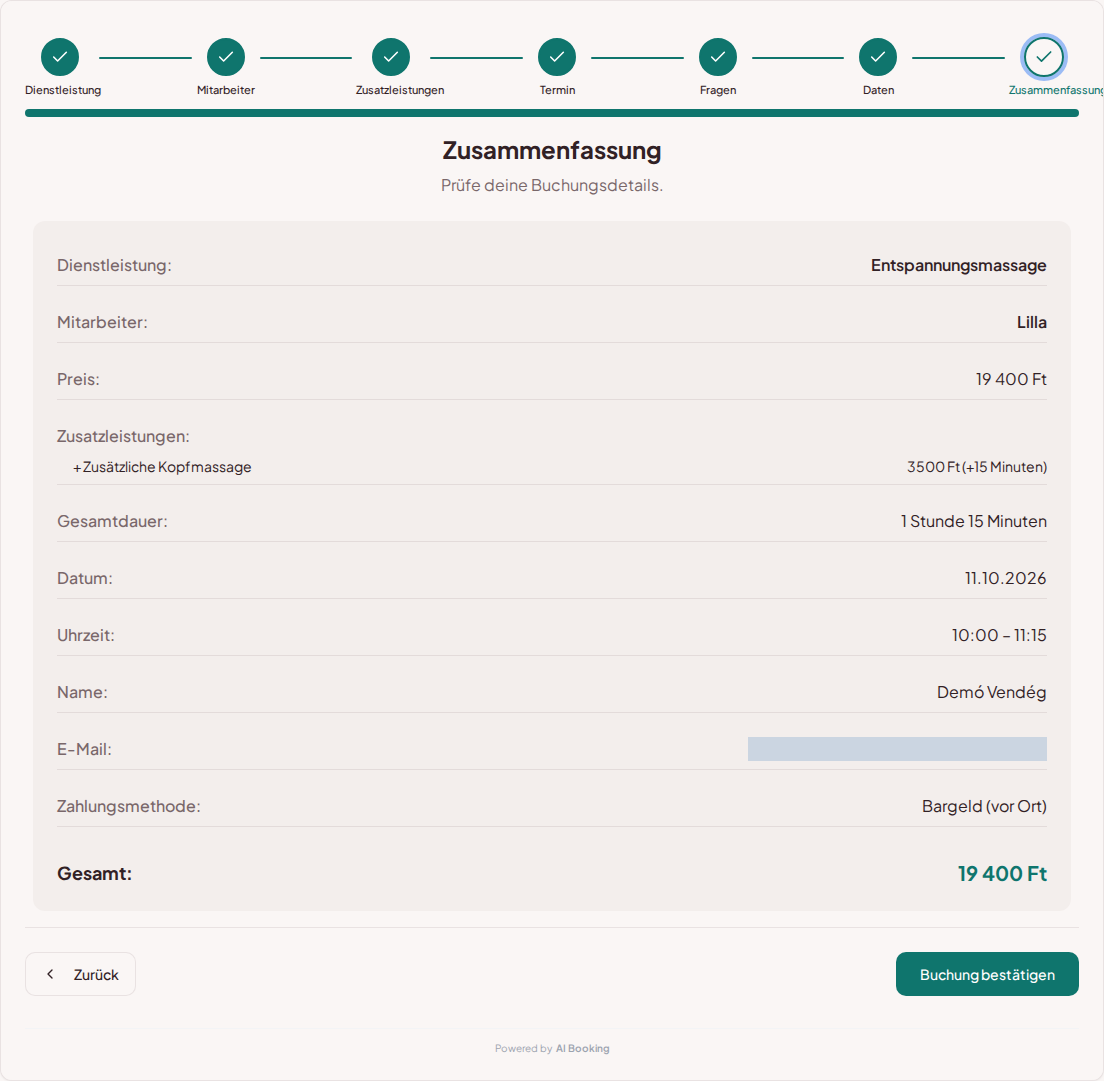 Terminbuchungssystem für Wellness- und Spa-Dienstleistungen – Zusammenfassung der Wellnessbuchung mit Leistung, Experte, Termin und Preis