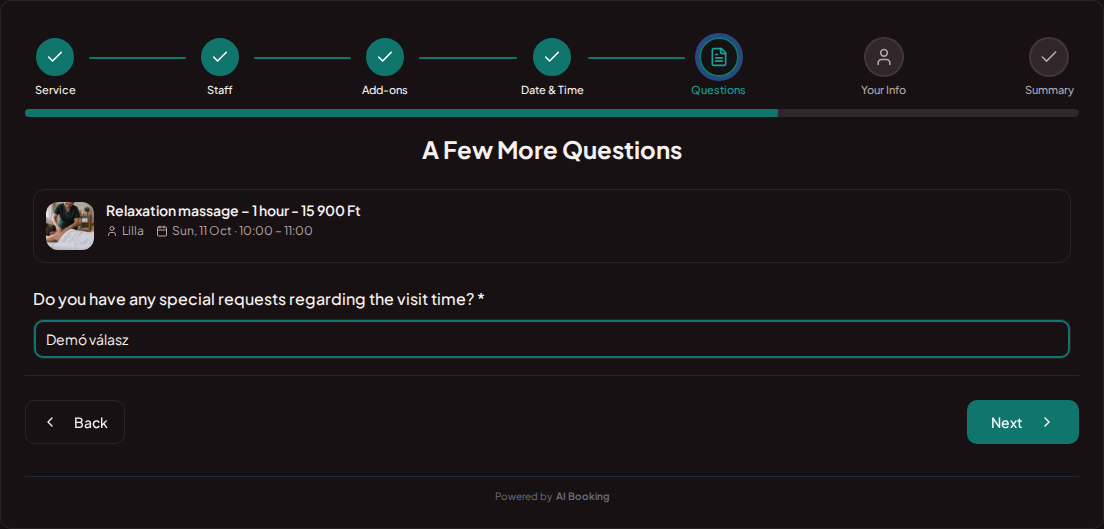 Appointment booking system for wellness and spa services – Wellness treatment pre-booking question: Do you have any special requests regarding the visit time?
