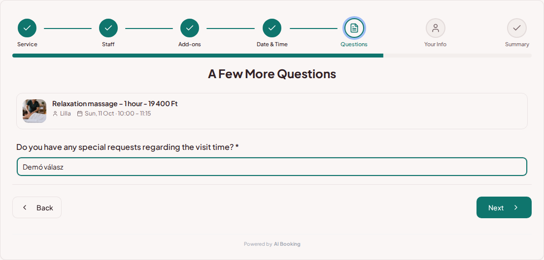 Appointment booking system for wellness and spa services – Wellness treatment pre-booking question: Do you have any special requests regarding the visit time?