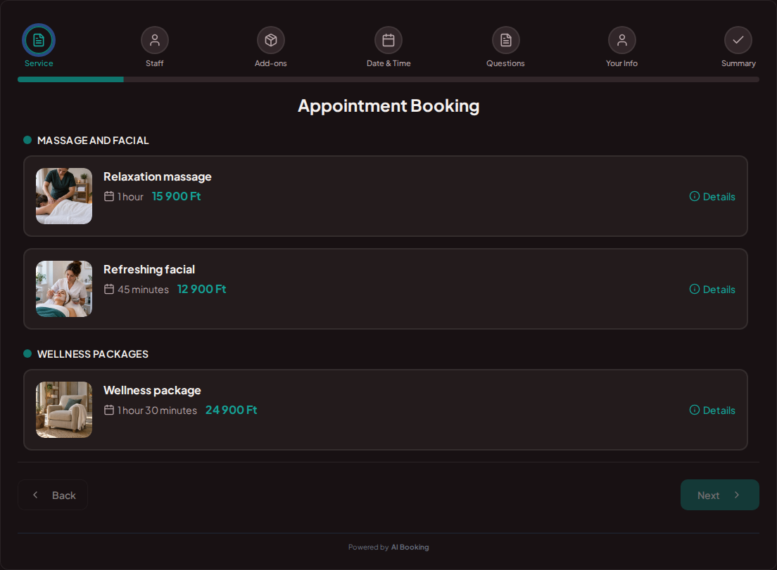 Appointment booking system for wellness and spa services – Relaxation massage, Refreshing facial, Wellness package with prices, durations, and categories