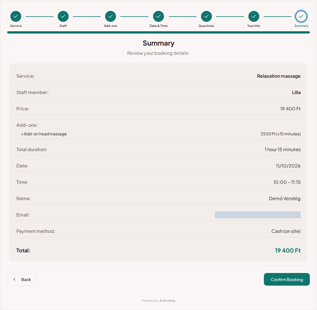 Appointment booking system for wellness and spa services – Wellness treatment booking summary with service, professional, time, and fee