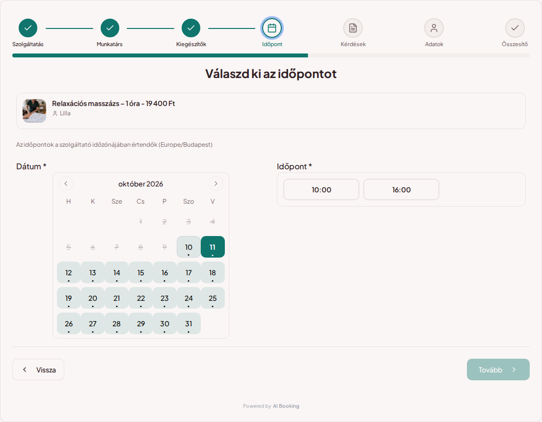 Időpontfoglaló rendszer wellness- és spakezelésekhez – Wellness- és spakezelések foglalási naptára szabad időpontokkal a választott szolgáltatáshoz