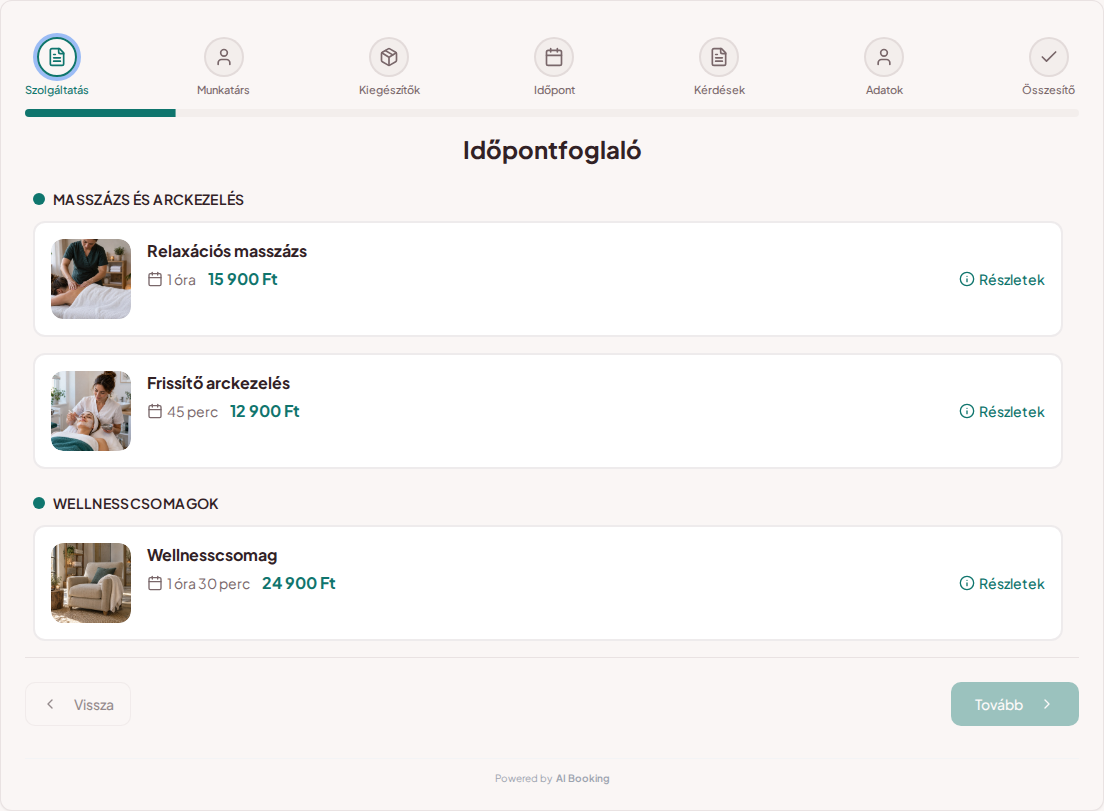 Időpontfoglaló rendszer wellness- és spakezelésekhez – Relaxációs masszázs, Frissítő arckezelés, Wellnesscsomag árakkal, időtartammal és kategóriákkal