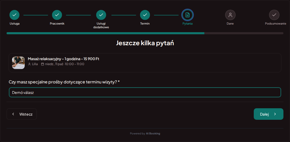 System rezerwacji terminów dla usług wellness i spa – Pytanie wstępne przy rezerwacji wellness: Czy masz specjalne prośby dotyczące terminu wizyty?