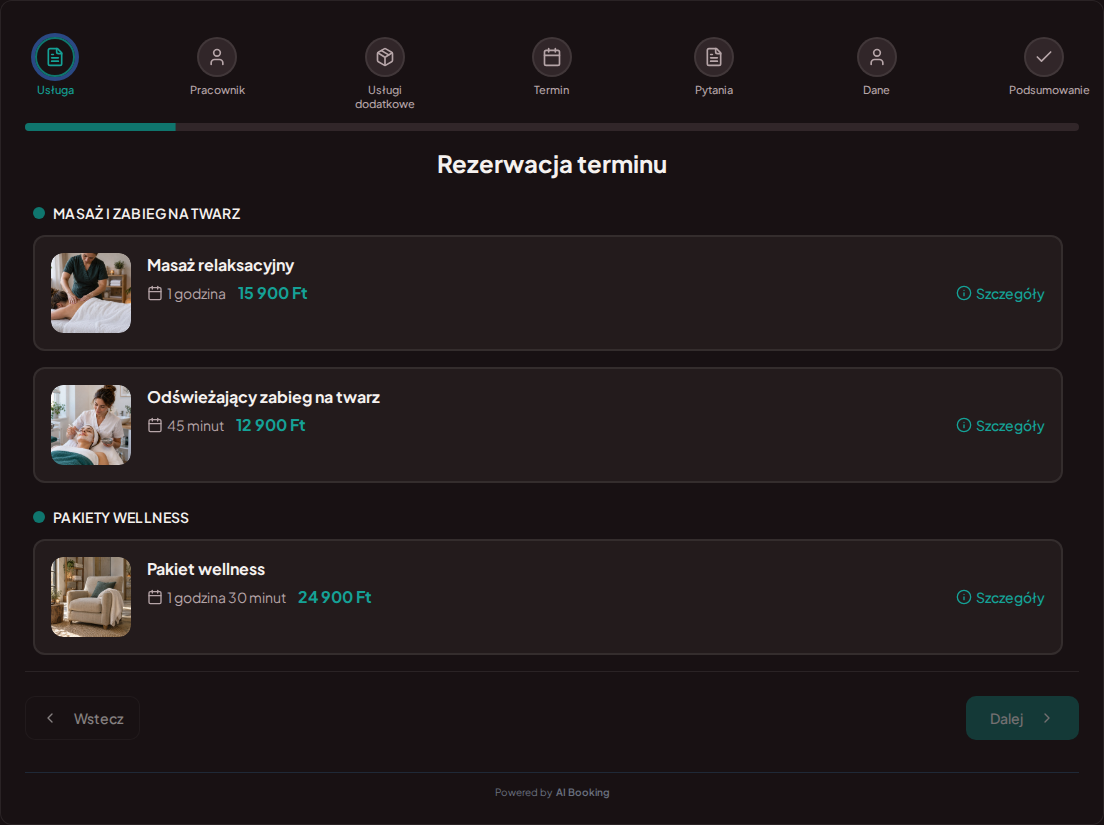 System rezerwacji terminów dla usług wellness i spa – Masaż relaksacyjny, Odświeżający zabieg na twarz, Pakiet wellness z cenami, czasem trwania i kategoriami