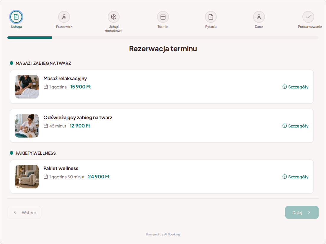 System rezerwacji terminów dla usług wellness i spa – Masaż relaksacyjny, Odświeżający zabieg na twarz, Pakiet wellness z cenami, czasem trwania i kategoriami