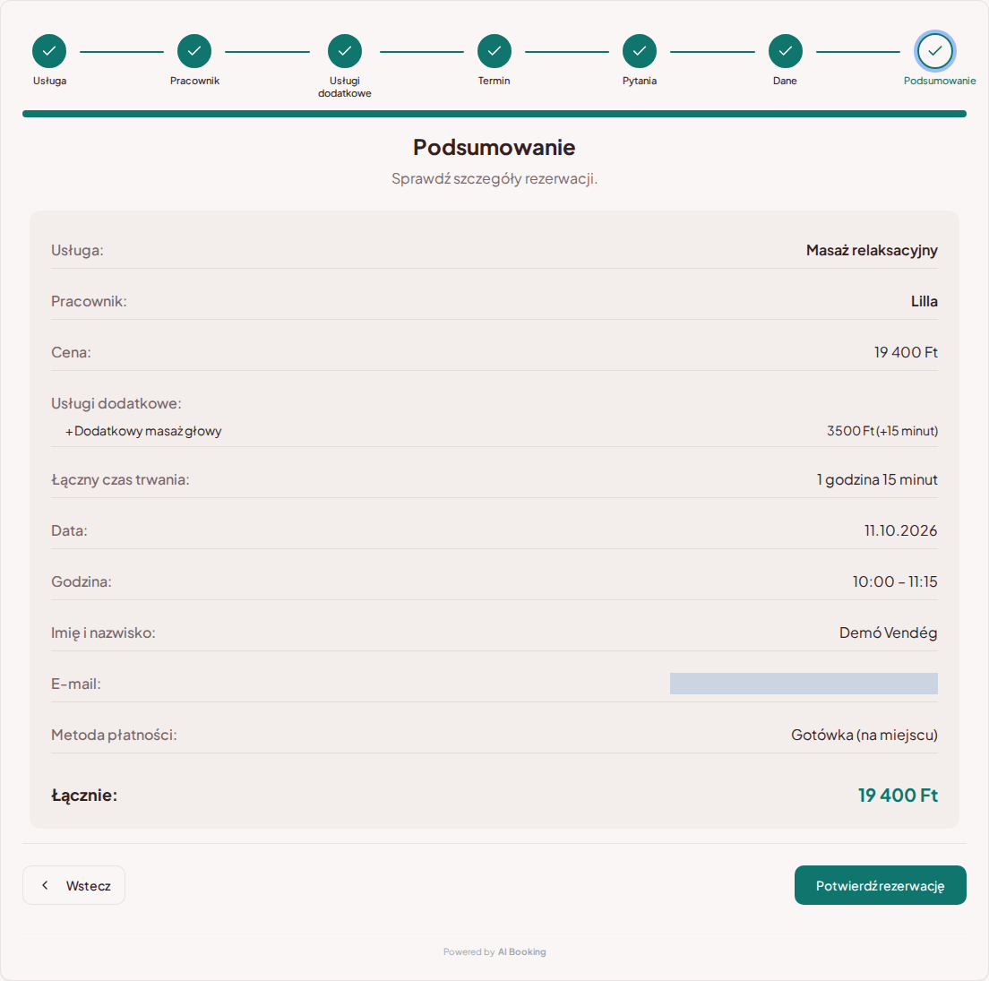 System rezerwacji terminów dla usług wellness i spa – Podsumowanie rezerwacji wellness z usługą, specjalistą, terminem i ceną