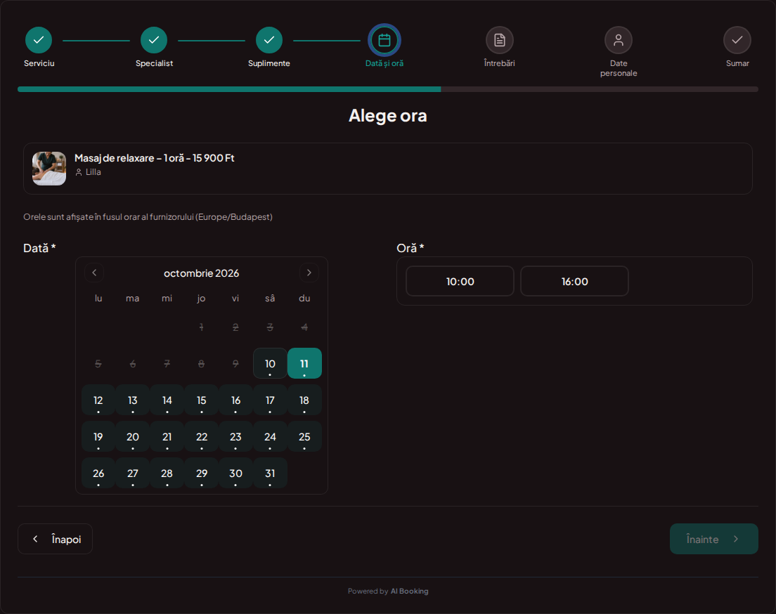 Sistem de programări pentru servicii de wellness și spa – Calendar de rezervări pentru tratamente wellness și spa cu intervale libere pentru serviciul ales