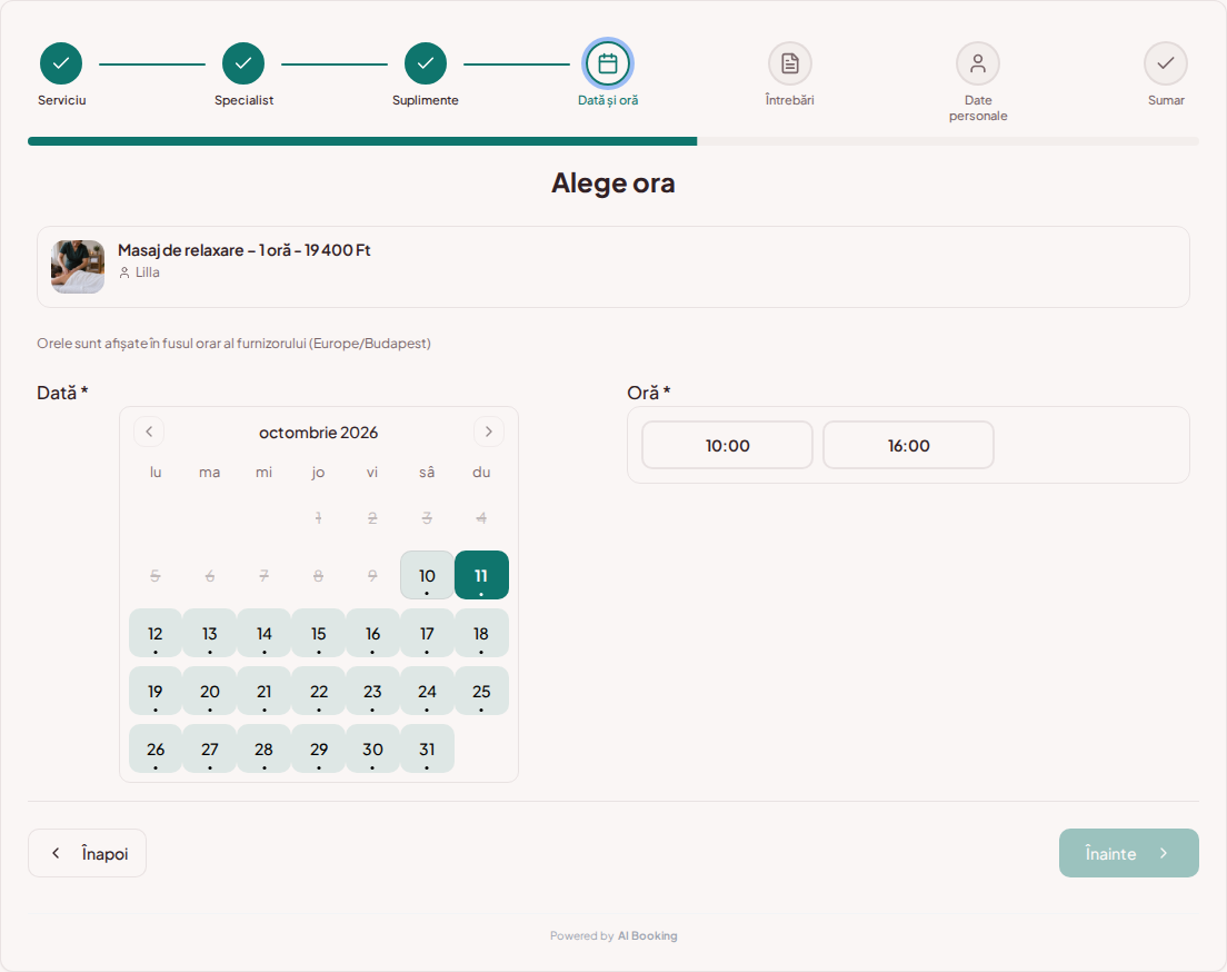 Sistem de programări pentru servicii de wellness și spa – Calendar de rezervări pentru tratamente wellness și spa cu intervale libere pentru serviciul ales