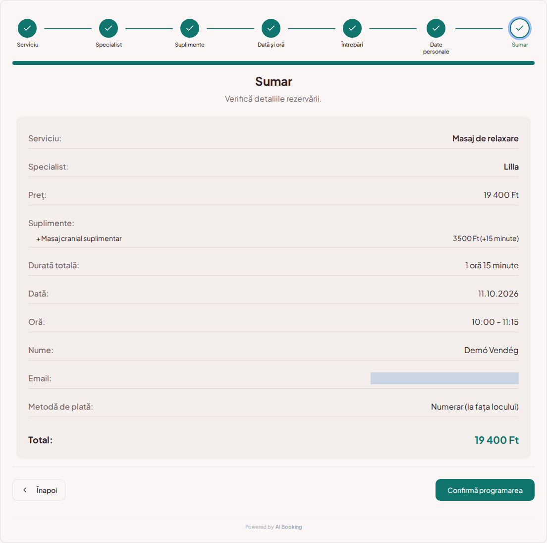 Sistem de programări pentru servicii de wellness și spa – Rezumatul rezervării tratamentului wellness cu serviciul, specialistul, ora și prețul