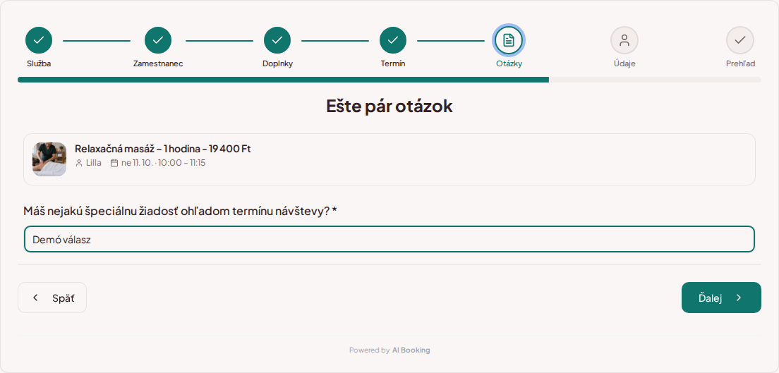 Systém na rezerváciu termínov pre wellness a spa služby – Predrezervačná otázka wellness ošetrenia: Máš nejakú špeciálnu žiadosť ohľadom termínu návštevy? Systém na rezerváciu termínov pre wellness a spa služby – Predrezervačná otázka wellness ošetrenia: Máš nejakú špeciálnu žiadosť ohľadom termínu návštevy?