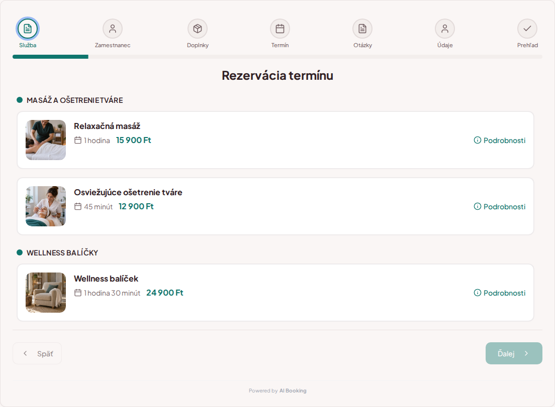 Systém na rezerváciu termínov pre wellness a spa služby – Relaxačná masáž, osviežujúce ošetrenie tváre, wellness balíček s cenami, dĺžkou a kategóriami Systém na rezerváciu termínov pre wellness a spa služby – Relaxačná masáž, osviežujúce ošetrenie tváre, wellness balíček s cenami, dĺžkou a kategóriami