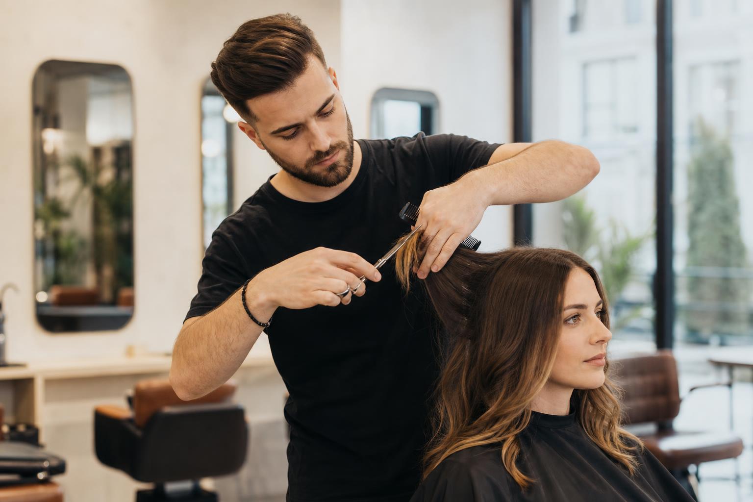 Modern fodrász szalon, fodrász hajat vág női vendégnek — AI Booking online időpontfoglaló rendszer fodrászoknak