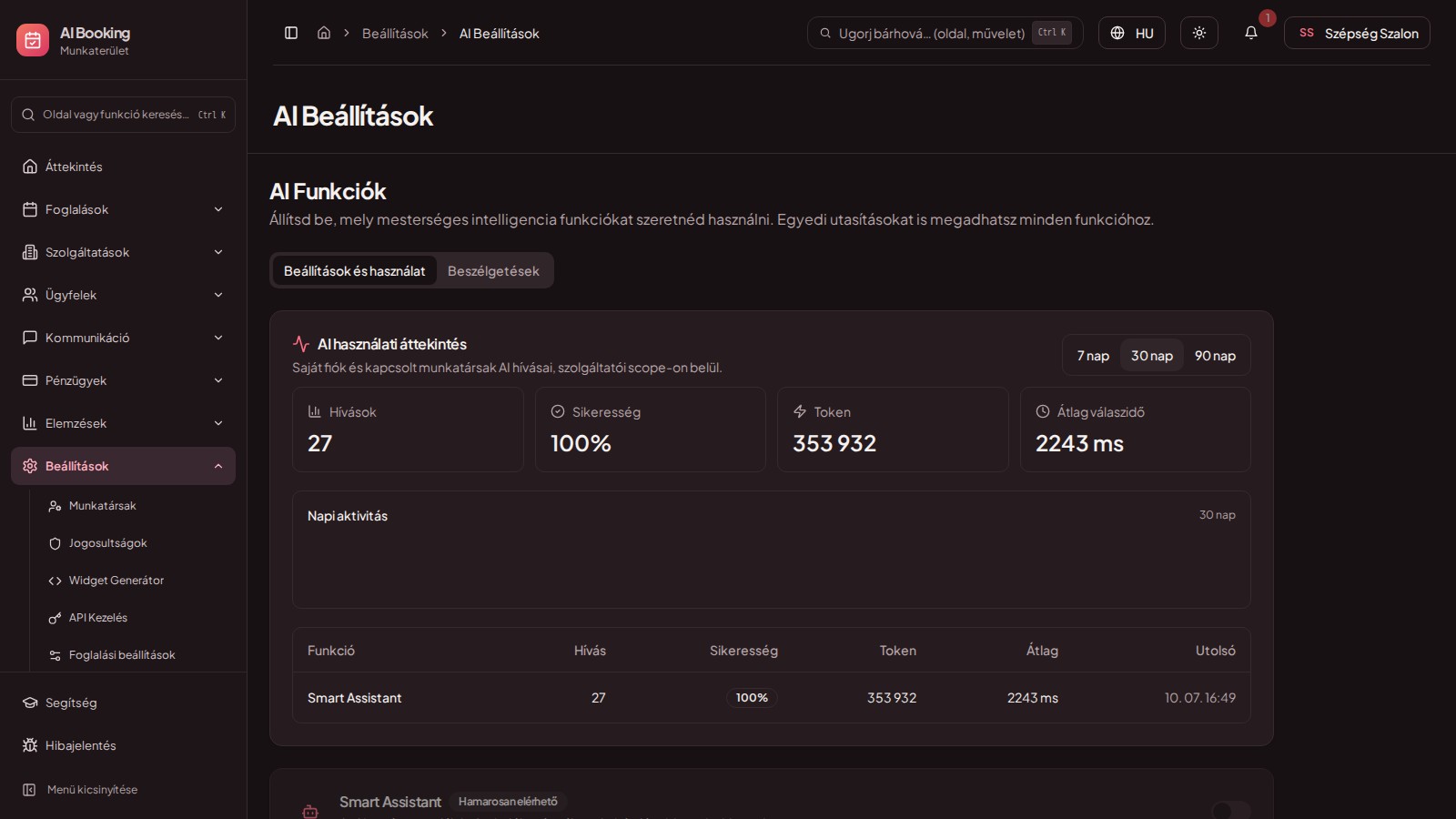 AI funkciók — egyedi versenyelőny — az AI Booking online időpontfoglaló szolgáltatói felülete