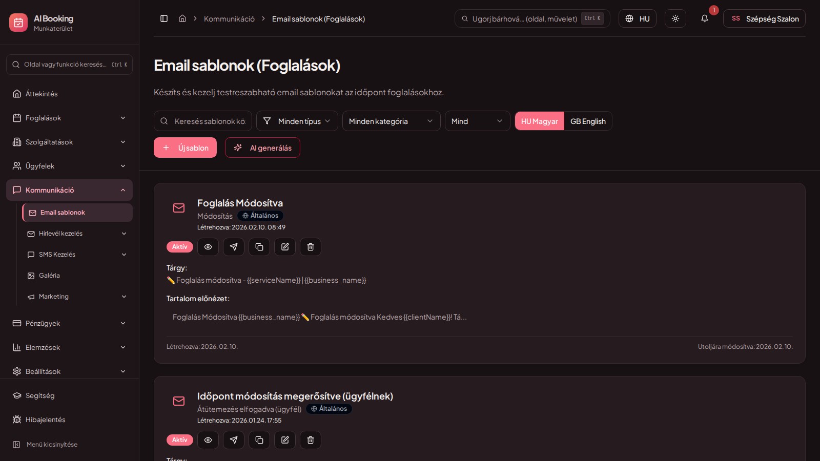 Email sablonok — magyar, természetes, automatikus — az AI Booking online időpontfoglaló szolgáltatói felülete