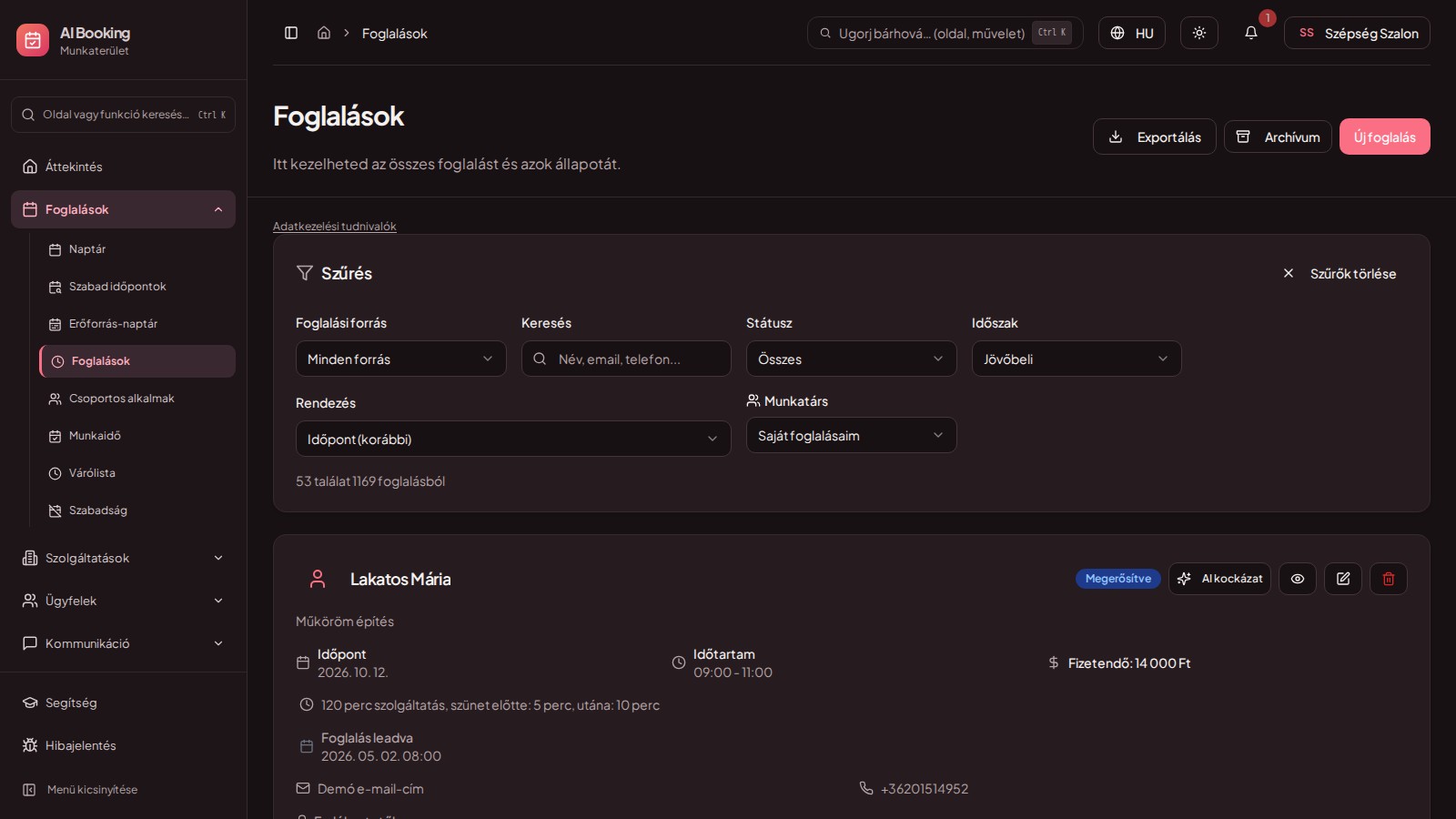 Foglalások — minden részlet egy helyen — az AI Booking online időpontfoglaló szolgáltatói felülete