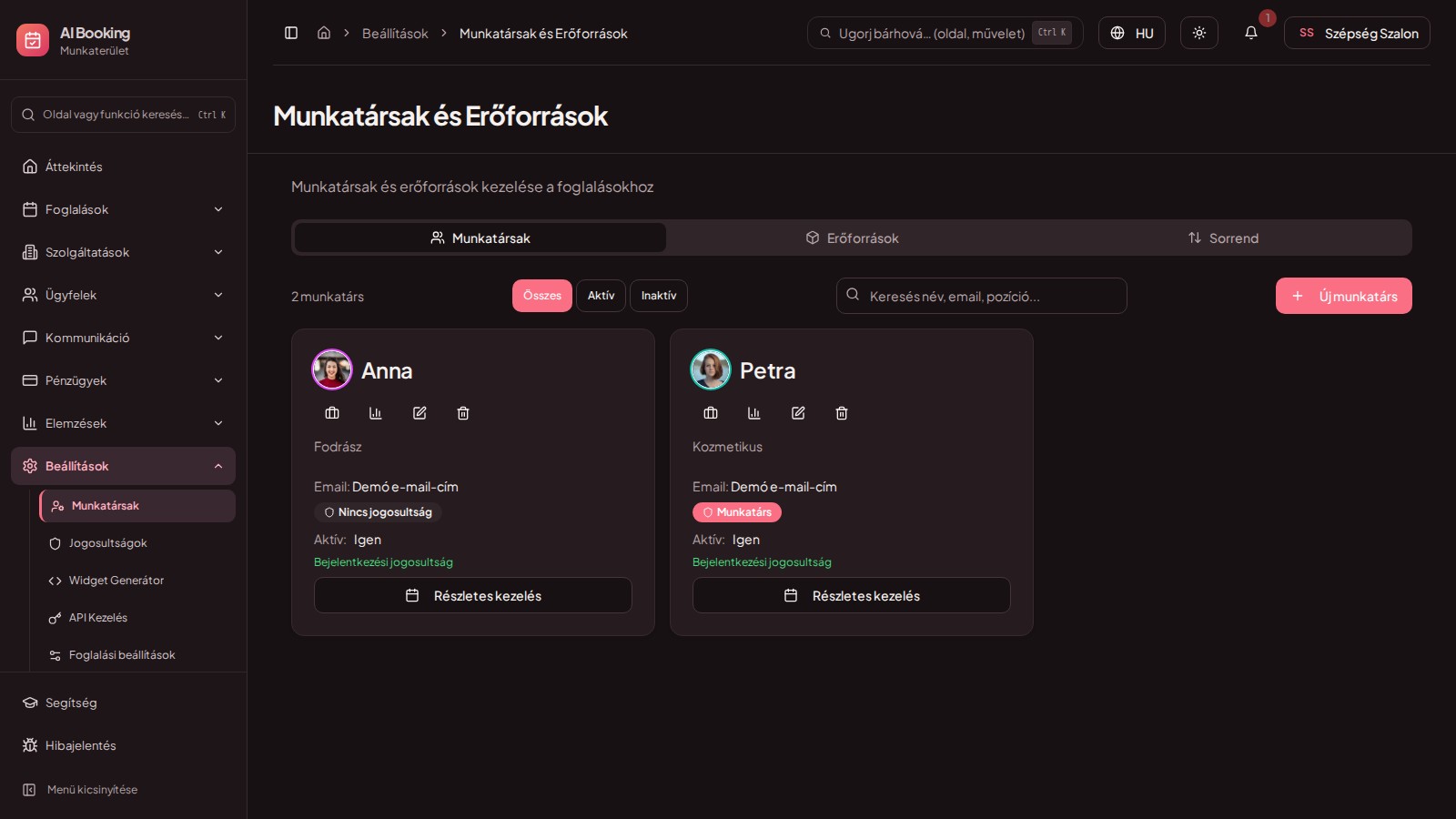 Munkatársak — több személy, egy rendszer — az AI Booking online időpontfoglaló szolgáltatói felülete