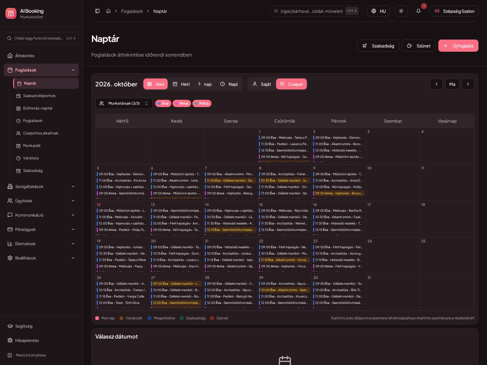 AI Booking időpontfoglaló naptár — szépségszalon foglalásai munkatársanként