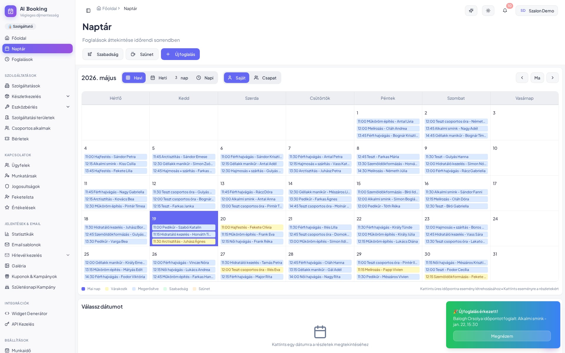 AI Booking naptár-nézet