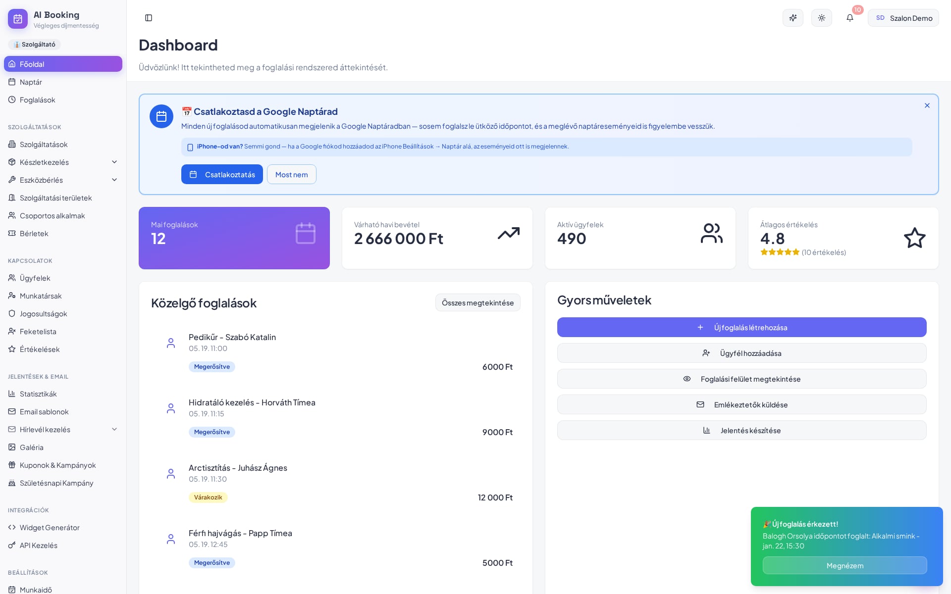 AI Booking dashboard