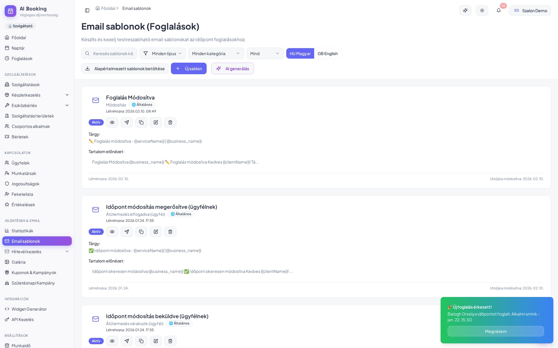 Email sablonok — magyar, természetes, automatikus képernyőkép