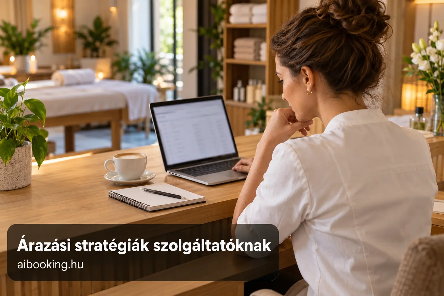Wellnessstúdió tulajdonosa a recepciós pultnál laptopon nézi át a szolgáltatásai árait