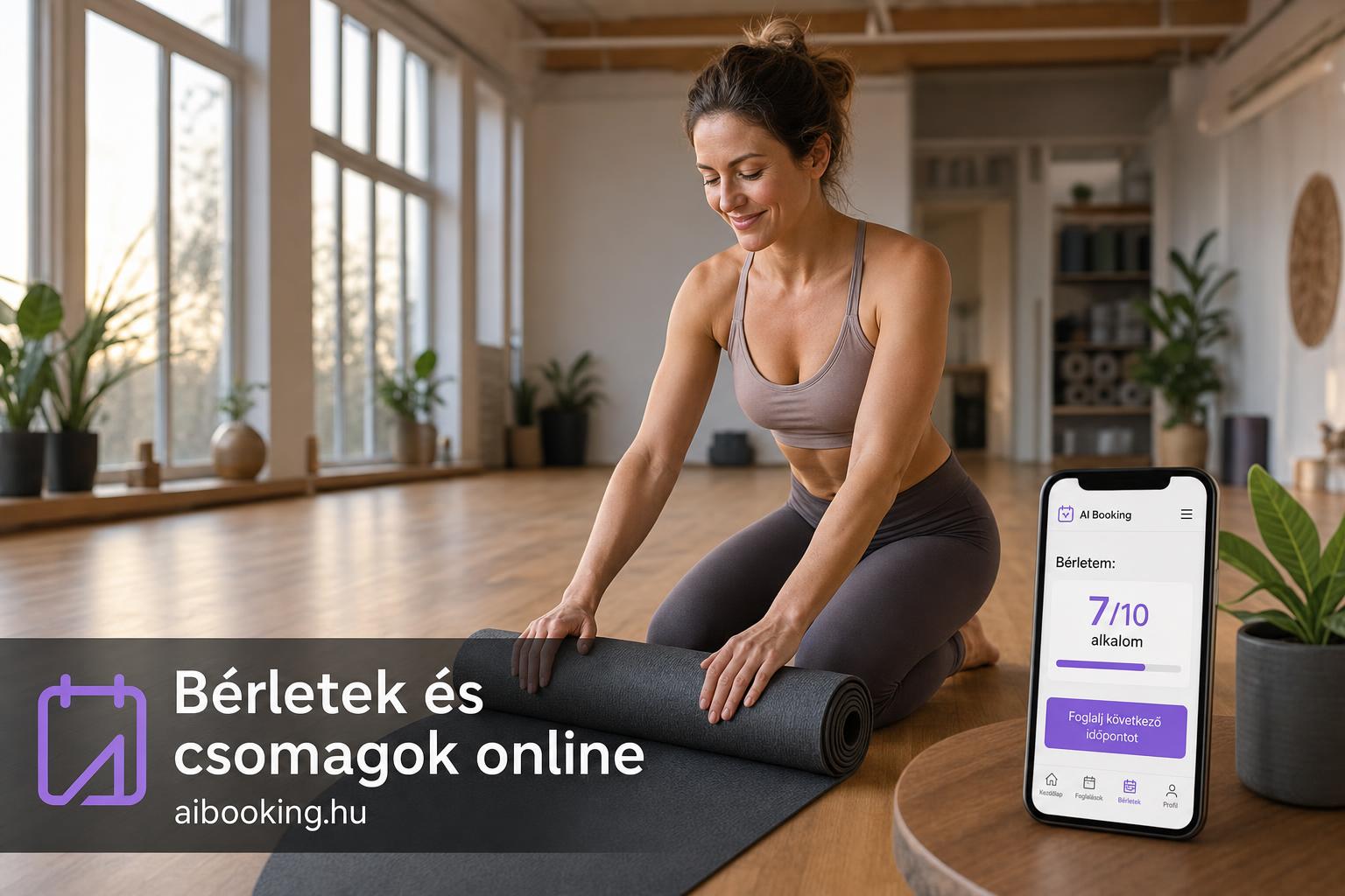 Magyar jógastúdió enteriőr, női jógaoktató bérletes vendég foglalását fogadja telefonon
