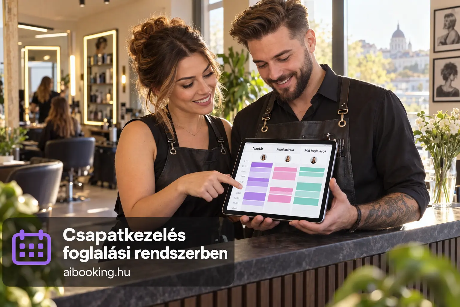 Fodrász és borbély a szalon recepcióján tableten nézi a munkatársak színkódolt közös foglalási naptárát