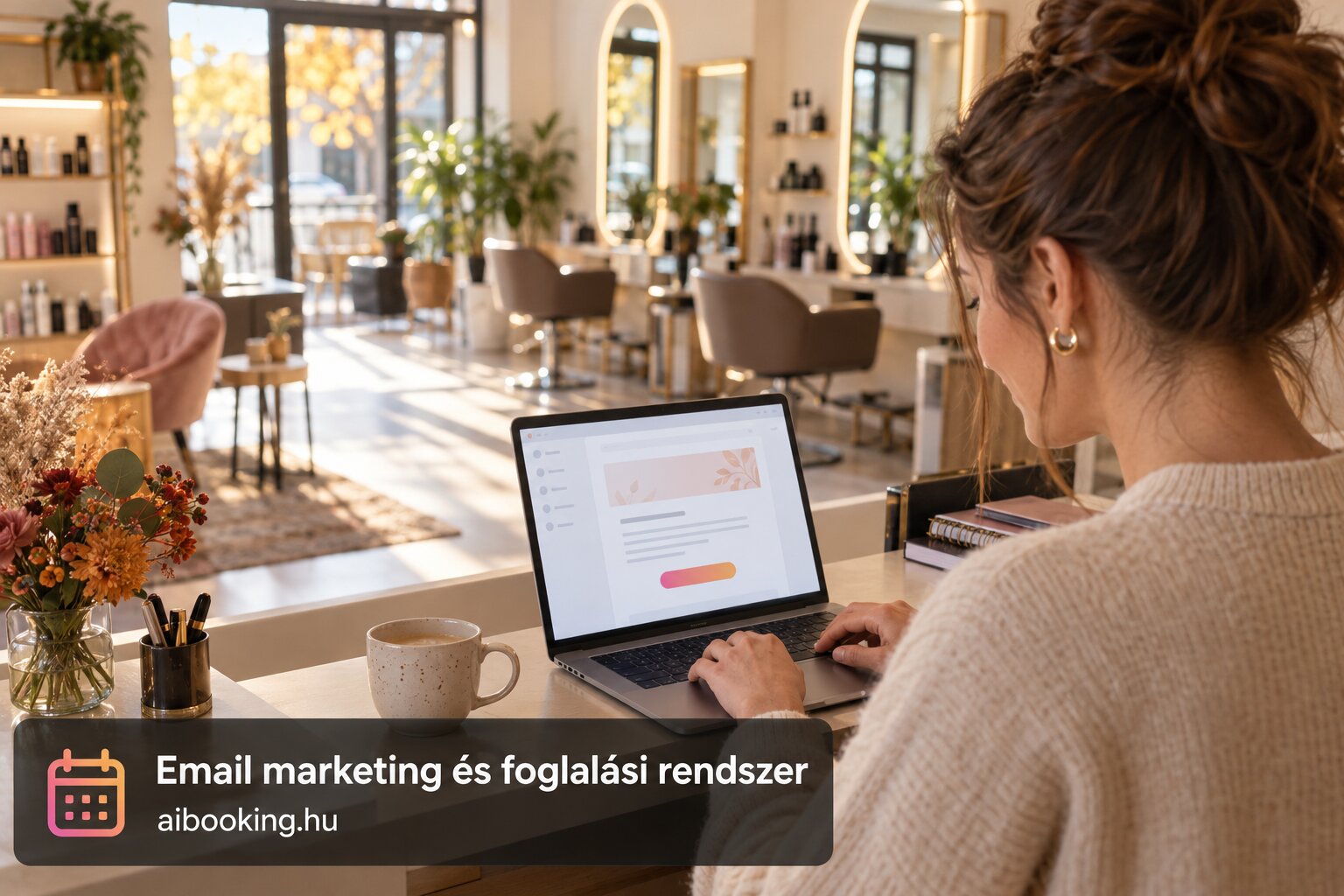 Szépségszalon tulajdonosa laptopon hírlevelet ír a vendégeinek a recepciós pultnál