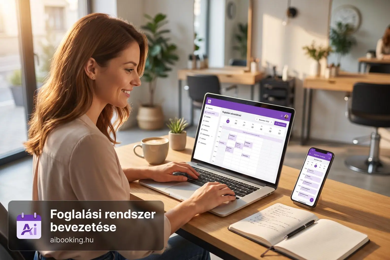 Szolgáltató a laptopján állítja be az online foglalási rendszerét egy világos szalonban