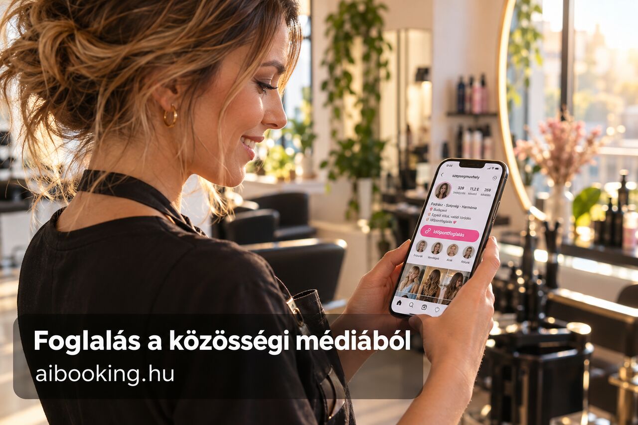 Fodrász a szalonban a telefonján nézi az Instagram-profilját az időpontfoglalás gombbal