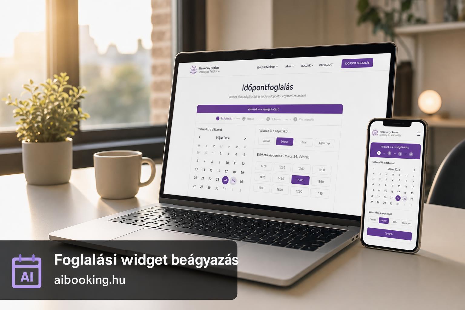 Laptop és telefon képernyőjén foglalási naptár widget lila színben