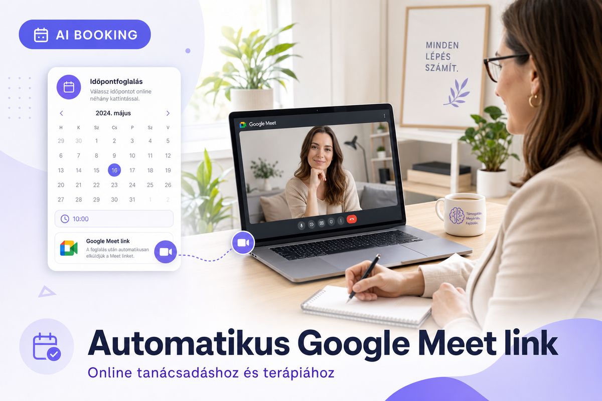 Pszichológus online videós konzultáción a laptopján, mellette foglalási kártya Google Meet ikonnal