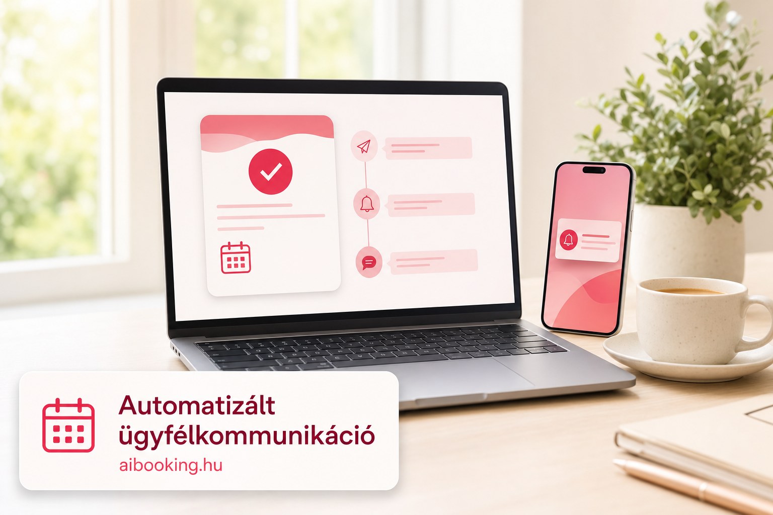 Laptop foglalás-visszaigazoló emaillel és telefon emlékeztető értesítéssel egy világos íróasztalon