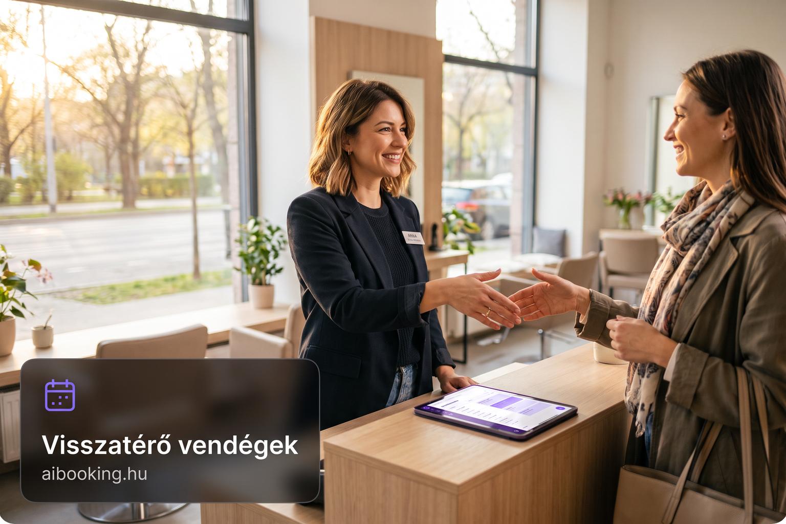 Magyar fodrász köszönti visszatérő vendégét a szalon pultjánál, a tableten foglalási naptár